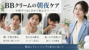 NULL BBクリームを朝は少量ずつ顔に広げ、夜は製品とクレンジングの表示に沿って落とす手順のアイキャッチ。
