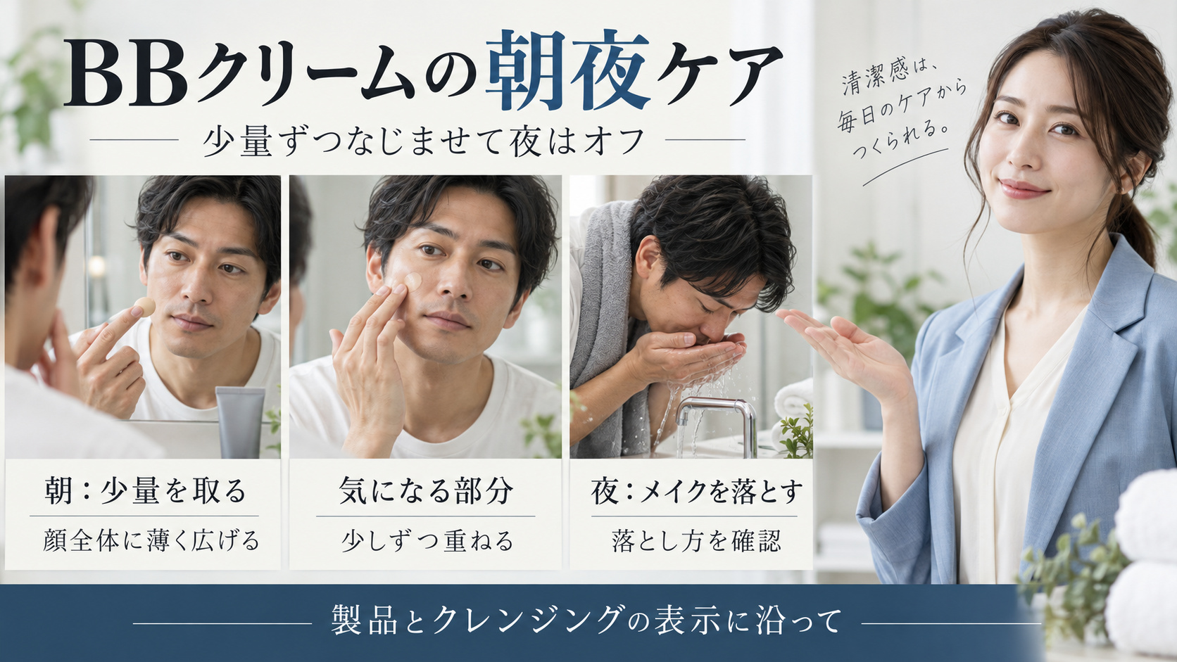 NULL BBクリームを朝は少量ずつ顔に広げ、夜は製品とクレンジングの表示に沿って落とす手順のアイキャッチ。