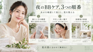 NULL BBクリームを使った夜に製品表示を確認して落とし、洗顔後に保湿する順番を示すアイキャッチ。