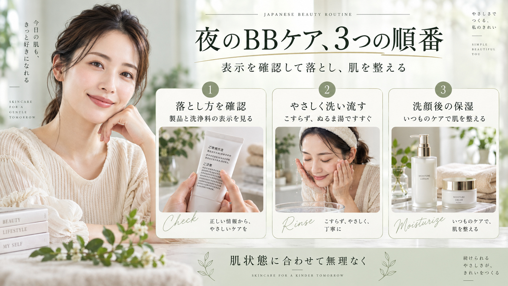 NULL BBクリームを使った夜に製品表示を確認して落とし、洗顔後に保湿する順番を示すアイキャッチ。