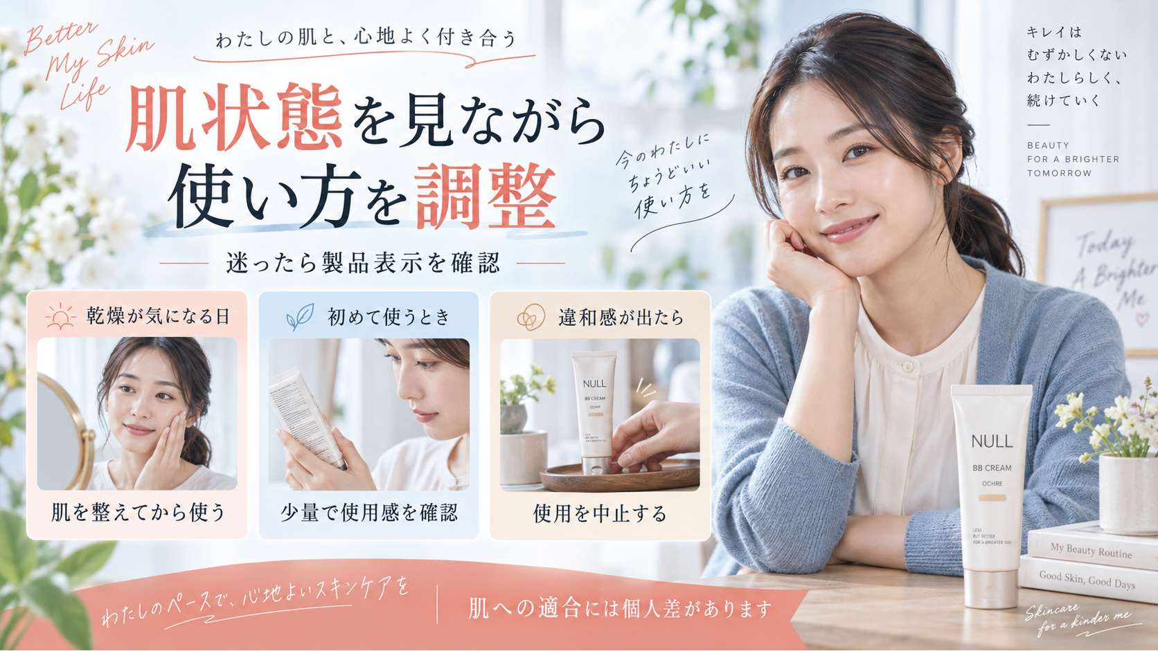 NULL BBクリームの使用前に肌状態と製品表示を確認し、違和感があれば使用を中止する案内のアイキャッチ。