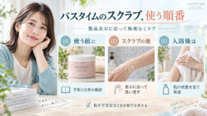 AGARISMスウィートボムタラソスクラブを製品表示に沿って使い、使用後にすすいで肌状態を見ながら保湿する順番の案内。