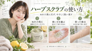 AGARISMスムースボムハーブスクラブをぬれた肌にやさしく広げて洗い流し、泡立てて使う方法も示す案内のアイキャッチ。