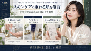 AHCフューチャーステップアイクリームを含むスキンケアの順番は、製品の使用方法や手持ちの保湿アイテム表示を確認して調整する案内。