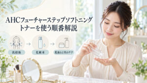 AHCフューチャーステップソフトニングトナーを使う順番として、洗顔後に化粧水を使い乳液など次のケアへ進む流れを示す画像。