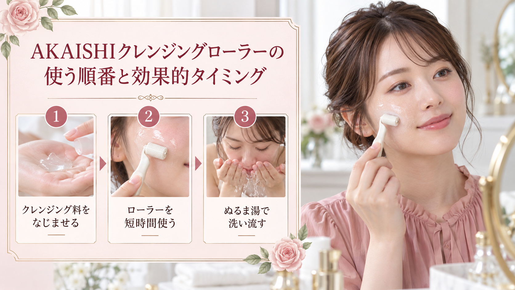 AKAISHIクレンジングローラーの使う順番として、クレンジング料をなじませ、ローラーを短時間使い、ぬるま湯で洗い流す手順を示す画像。