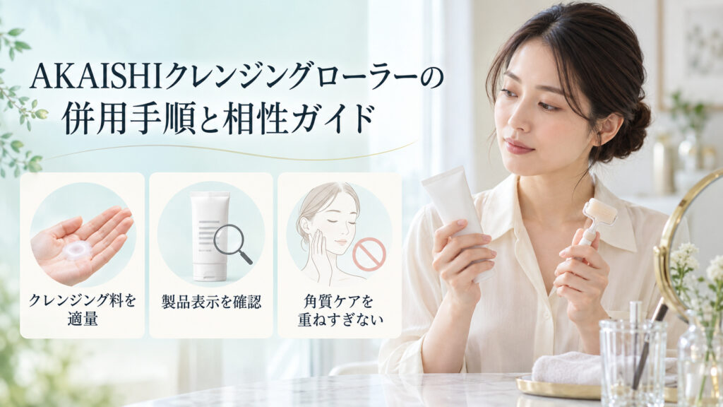 AKAISHIクレンジングローラーの併用手順として、クレンジング料は適量を使い、製品表示を確認し、角質ケアを重ねすぎない案内。