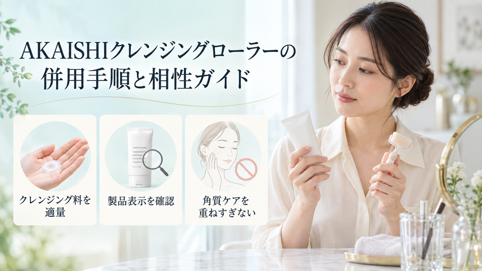 AKAISHIクレンジングローラーの併用手順として、クレンジング料は適量を使い、製品表示を確認し、角質ケアを重ねすぎない案内。