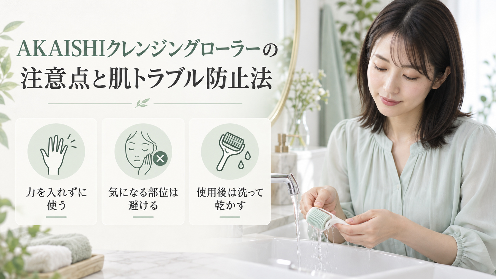 AKAISHIクレンジングローラーの注意点として、力を入れずに使い、気になる部位は避け、使用後は洗って乾かす案内。