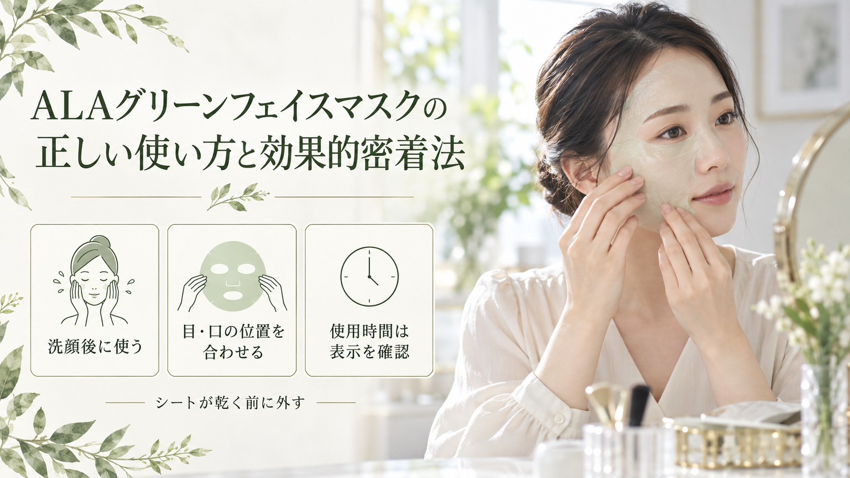 ALAグリーンフェイスマスクの使い方として、洗顔後に目と口の位置を合わせ、使用時間は製品表示を確認しシートが乾く前に外す案内。