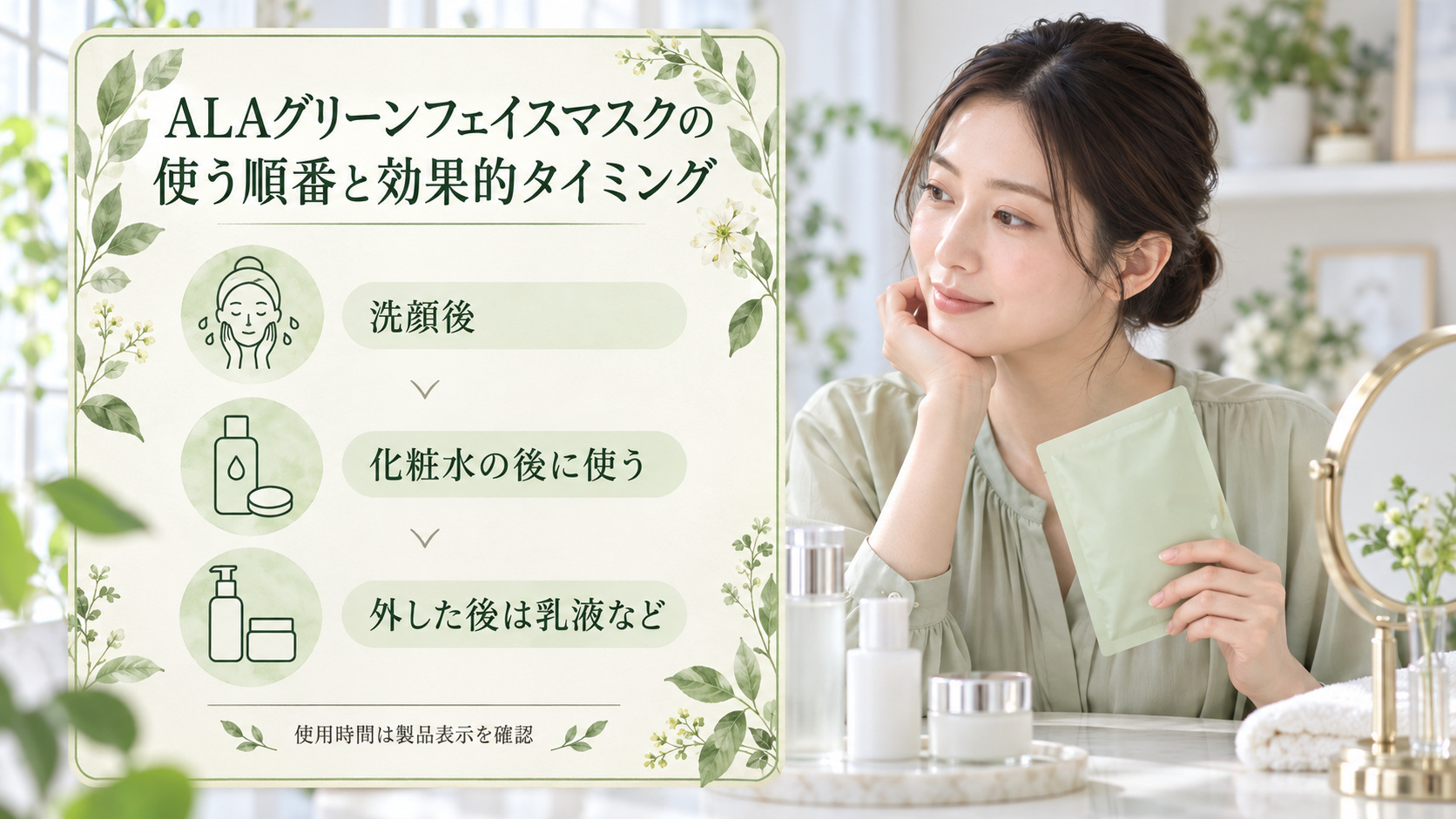 ALAグリーンフェイスマスクを使う順番として、洗顔後に化粧水を使い、シートを外した後は乳液などを重ねる流れ。使用時間は製品表示を確認する案内。