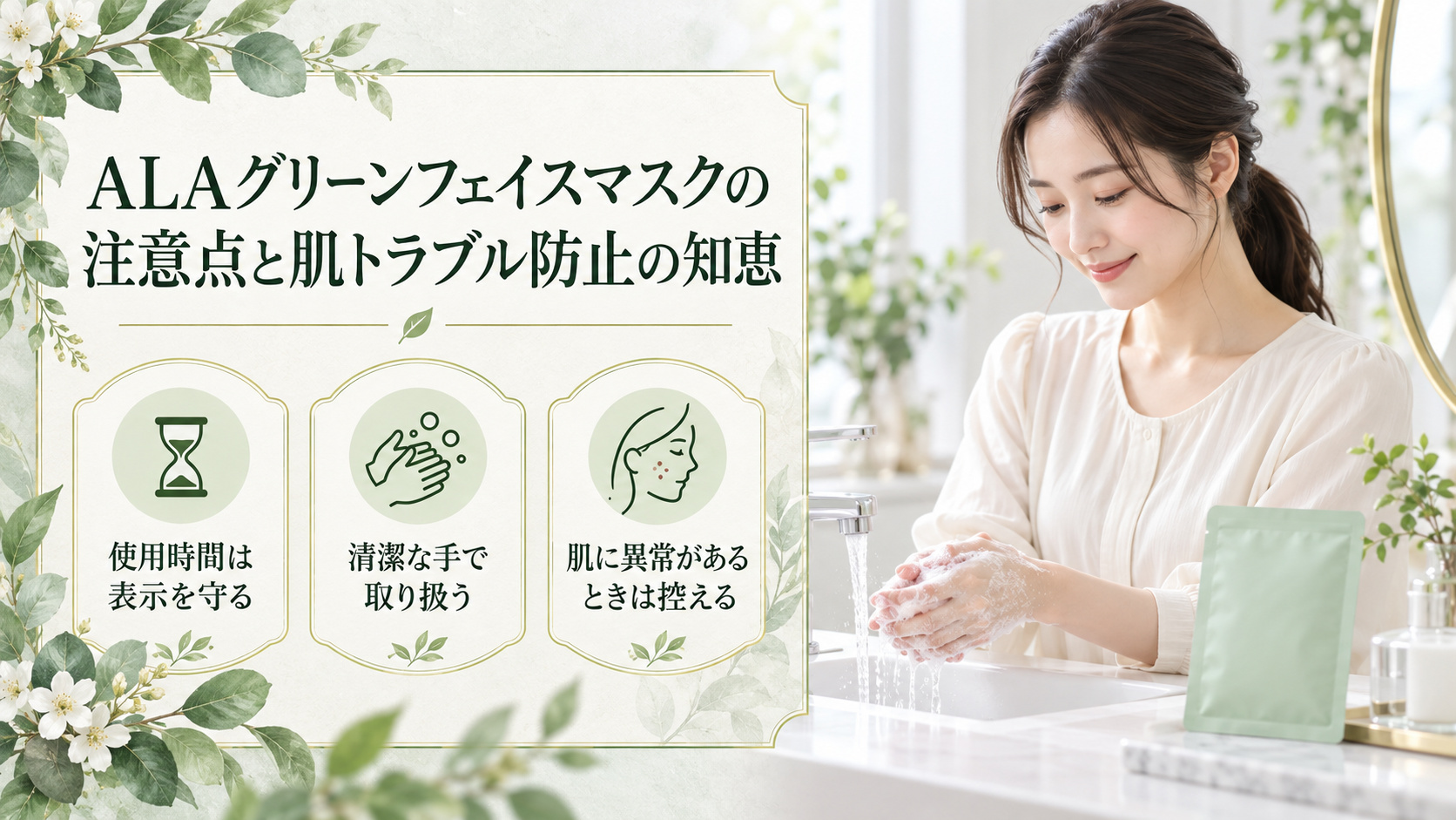 ALAグリーンフェイスマスクの注意点として、使用時間は表示を守り、清潔な手で扱い、肌に異常があるときは使用を控える案内。