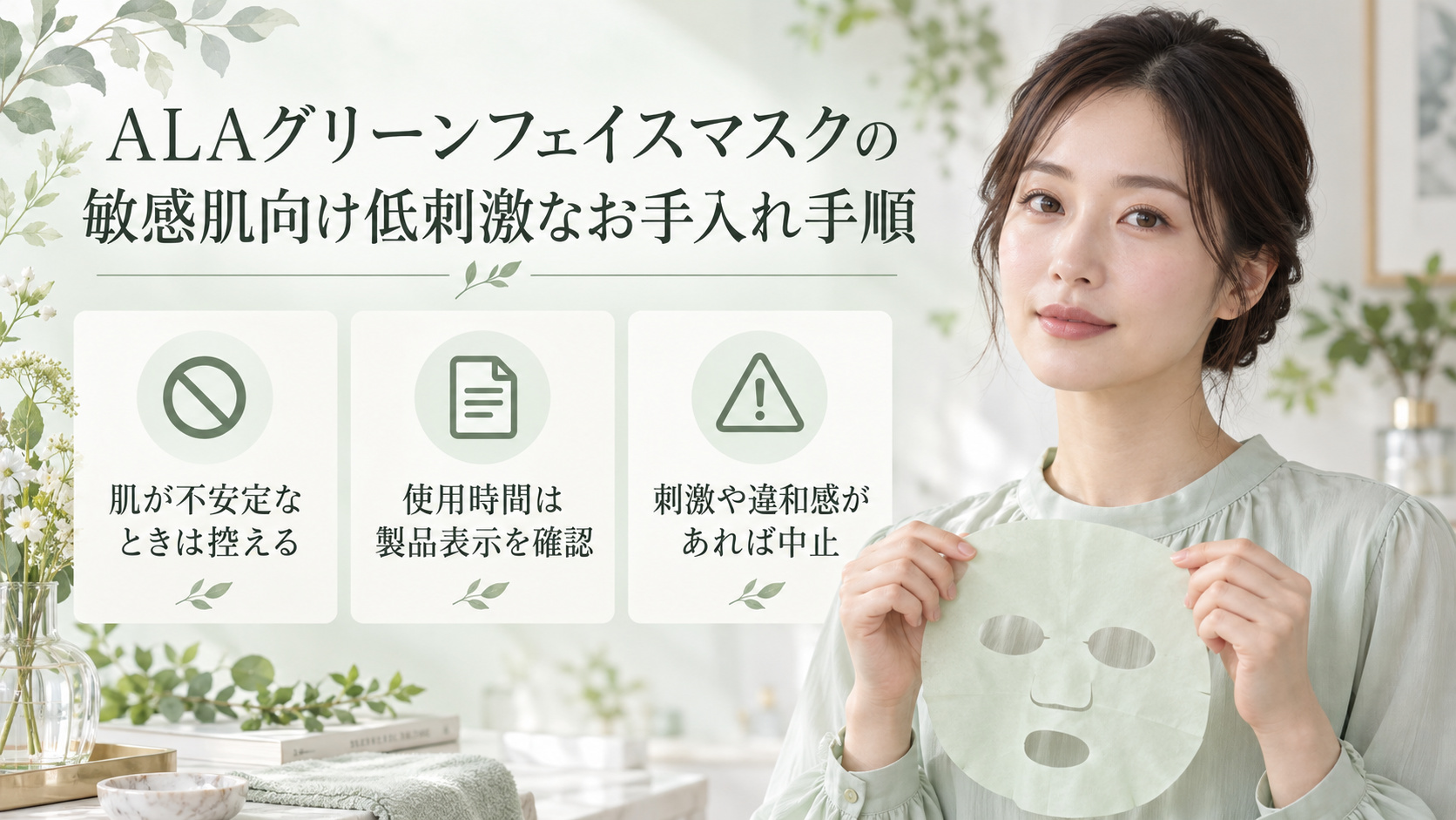敏感肌でALAグリーンフェイスマスクを使うときは、肌が不安定な場合は控え、使用時間は製品表示を確認し、刺激や違和感があれば中止する案内。