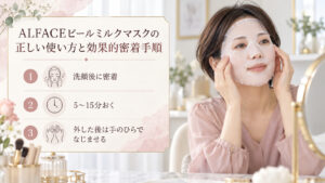 ALFACEピールミルクマスクの使い方として、洗顔後に密着させて5〜15分おき、外した後は手のひらで美容液をなじませる手順。