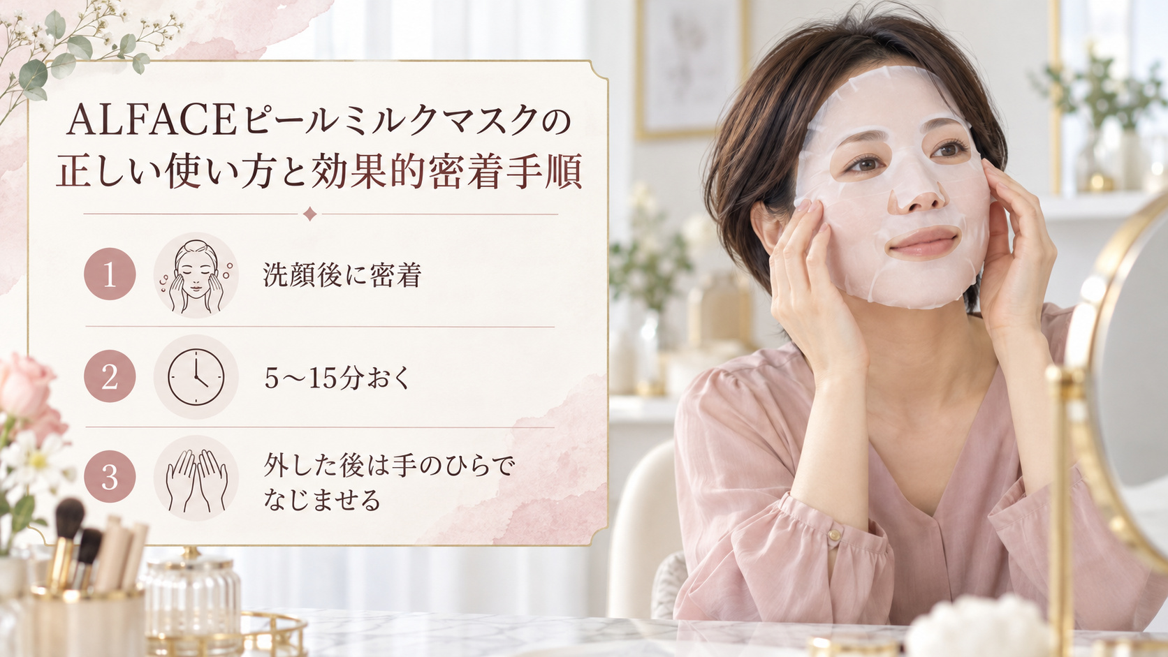 ALFACEピールミルクマスクの使い方として、洗顔後に密着させて5〜15分おき、外した後は手のひらで美容液をなじませる手順。