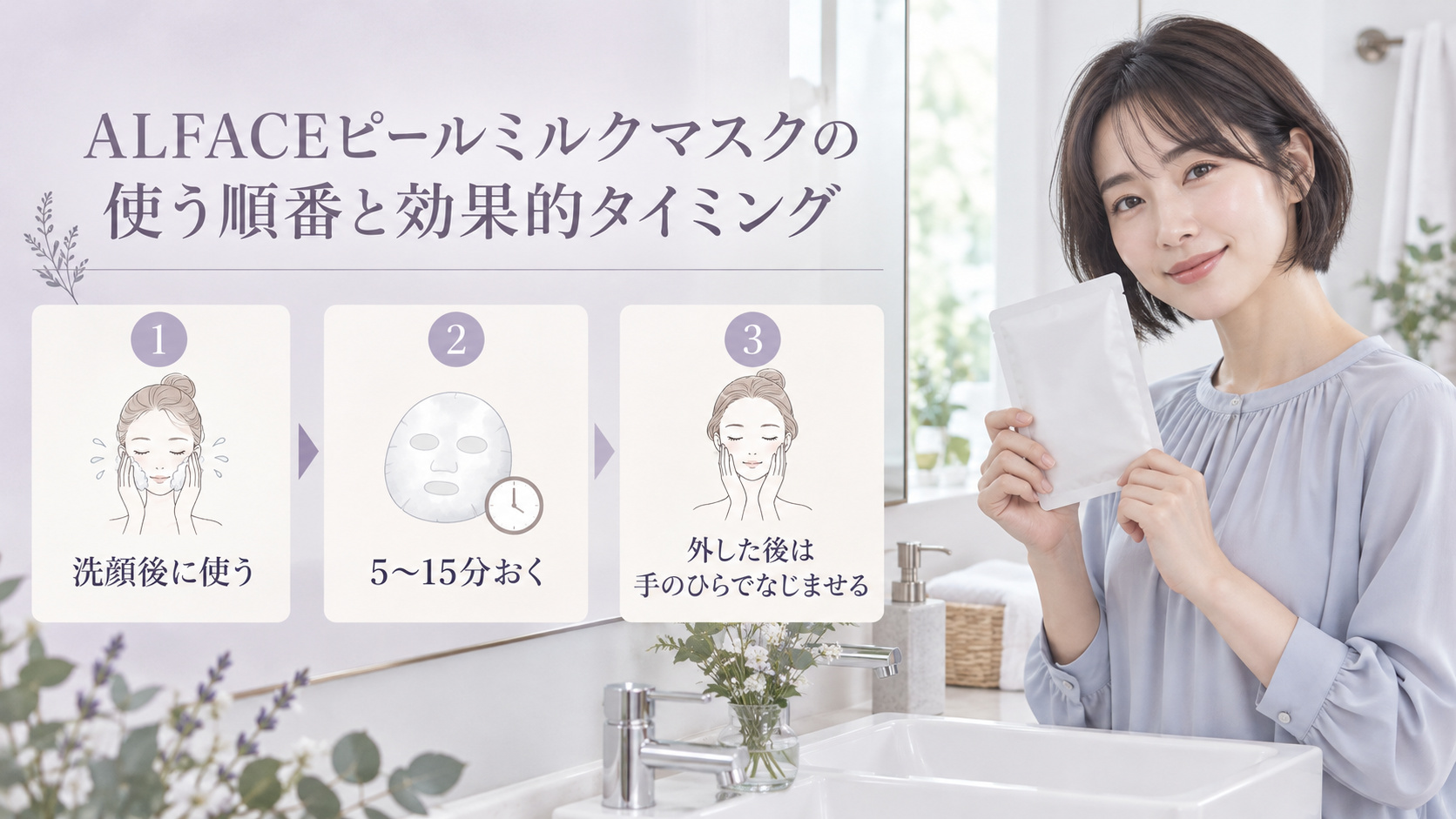 ALFACEピールミルクマスクを使う順番として、洗顔後に使用し5〜15分おき、外した後は手のひらでなじませる手順。