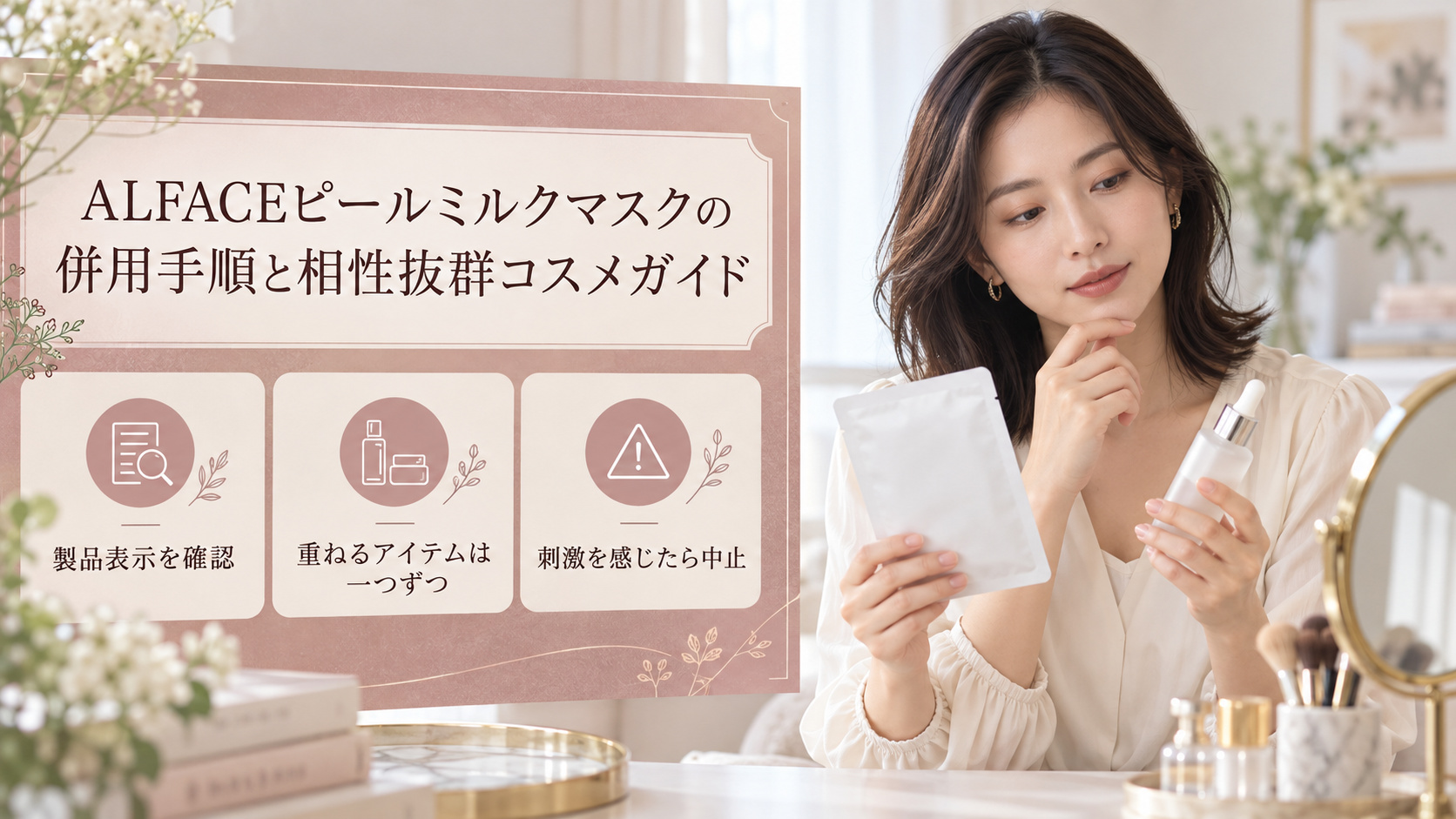ALFACEピールミルクマスクと他のコスメを併用する前に製品表示を確認し、重ねるアイテムは一つずつにして刺激時は中止する案内。