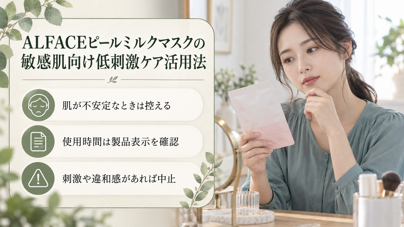 敏感肌でALFACEピールミルクマスクを検討するときは、肌が不安定な場合は控え、使用時間は表示を確認し、刺激があれば中止する案内。