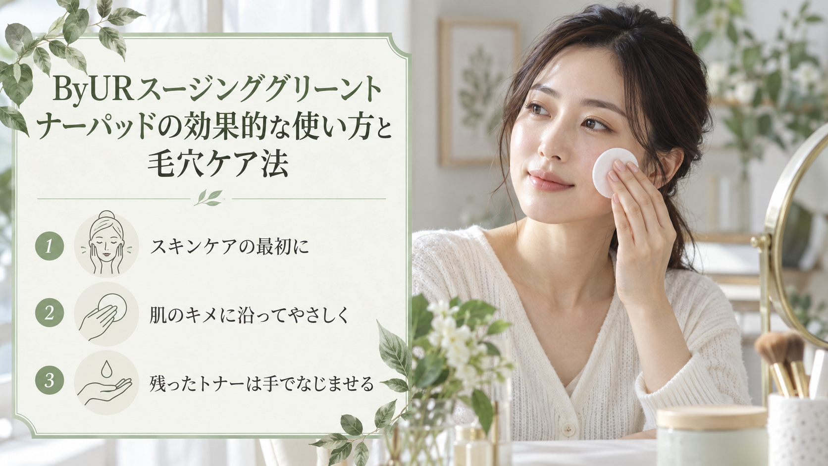 ByURスージンググリーントナーパッドはスキンケアの最初に肌のキメに沿ってやさしく使い、残ったトナーは手でなじませる手順。