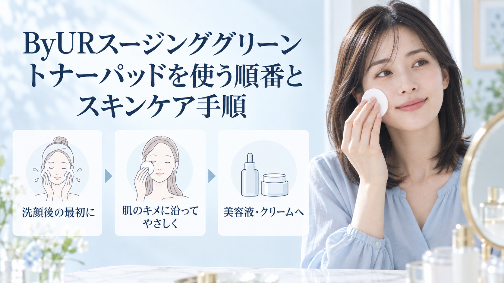 ByURスージンググリーントナーパッドは洗顔後の最初に肌のキメに沿ってやさしく使い、その後に美容液やクリームを使う手順。