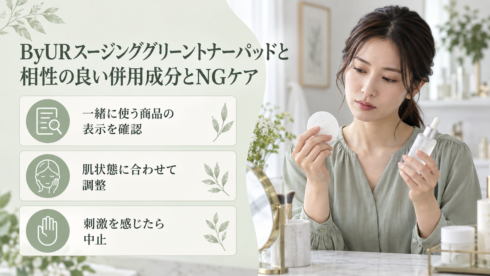 ByURスージンググリーントナーパッドを他の成分と併用する際は、商品の表示と肌状態を確認し、刺激があれば使用を中止する案内。