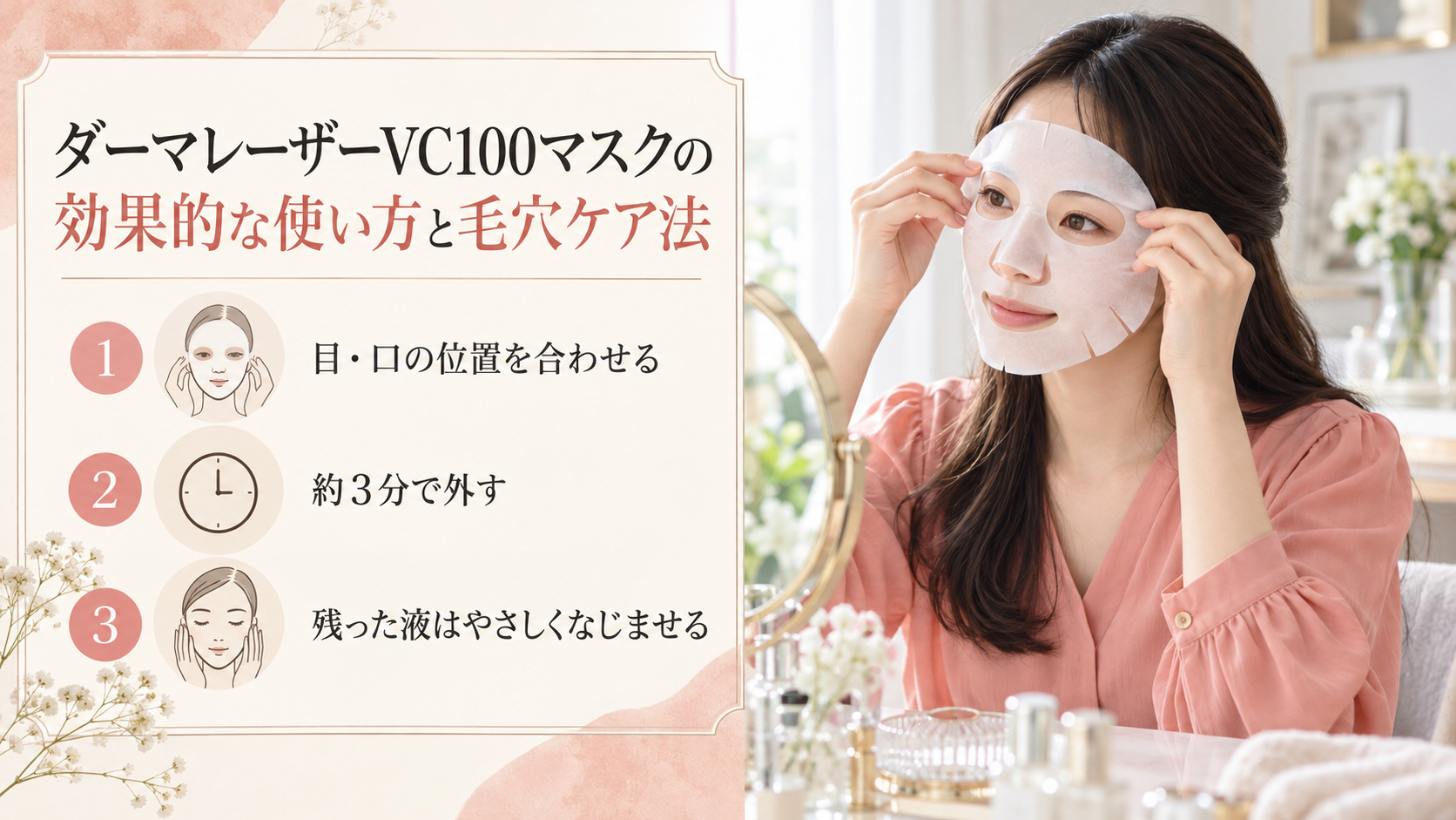 ダーマレーザーVC100マスクは目と口の位置を合わせ、約3分で外し、残った液をやさしくなじませる使い方。