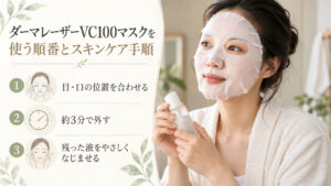 ダーマレーザーVC100マスクの使用手順を確認する清楚な20代日本人女性。目と口に合わせ、約3分で外し、残った液をやさしくなじませる。