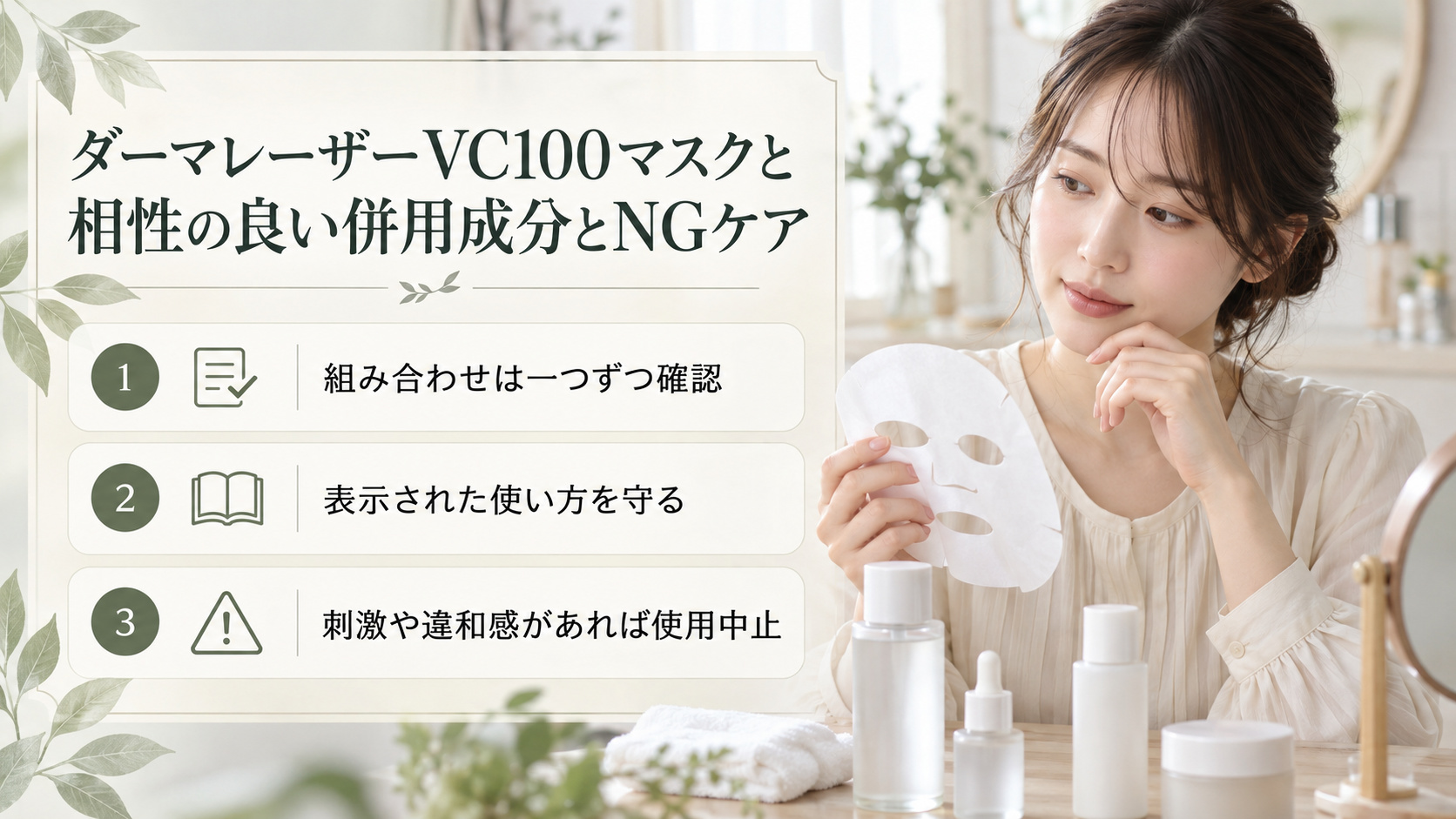 ダーマレーザーVC100マスクの併用時に使い方表示や肌の状態を確認する清楚な20代日本人女性。