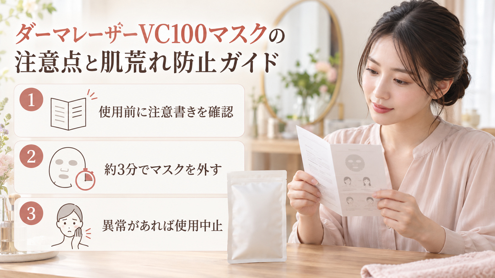 ダーマレーザーVC100マスクの表示を確認する清楚な20代日本人女性。使用時間の目安や肌に異常がある際の注意を紹介。
