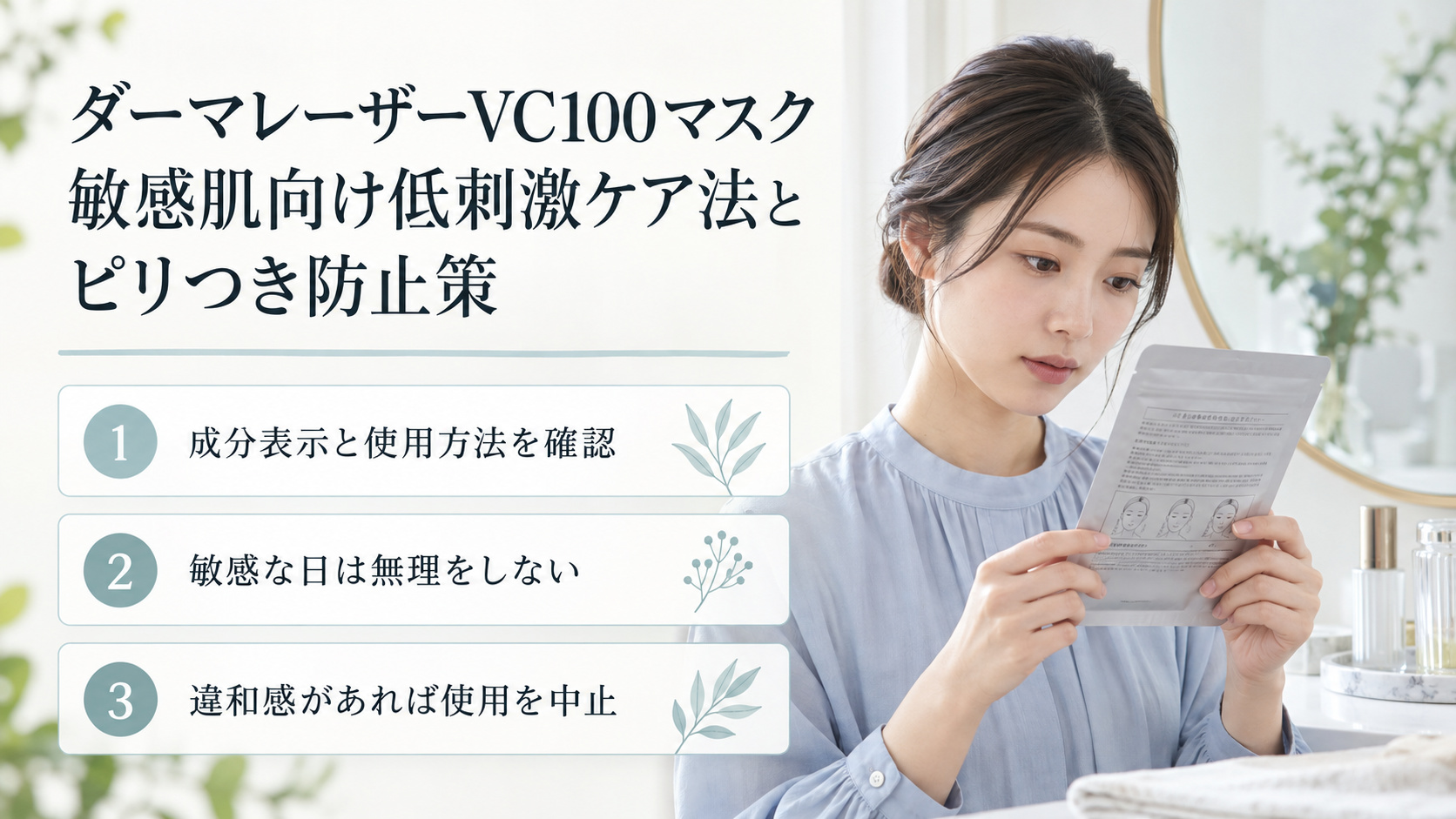 ダーマレーザーVC100マスクの商品表示を読む清楚な20代日本人女性。敏感な日の使用を無理せず、違和感があれば中止する注意点。