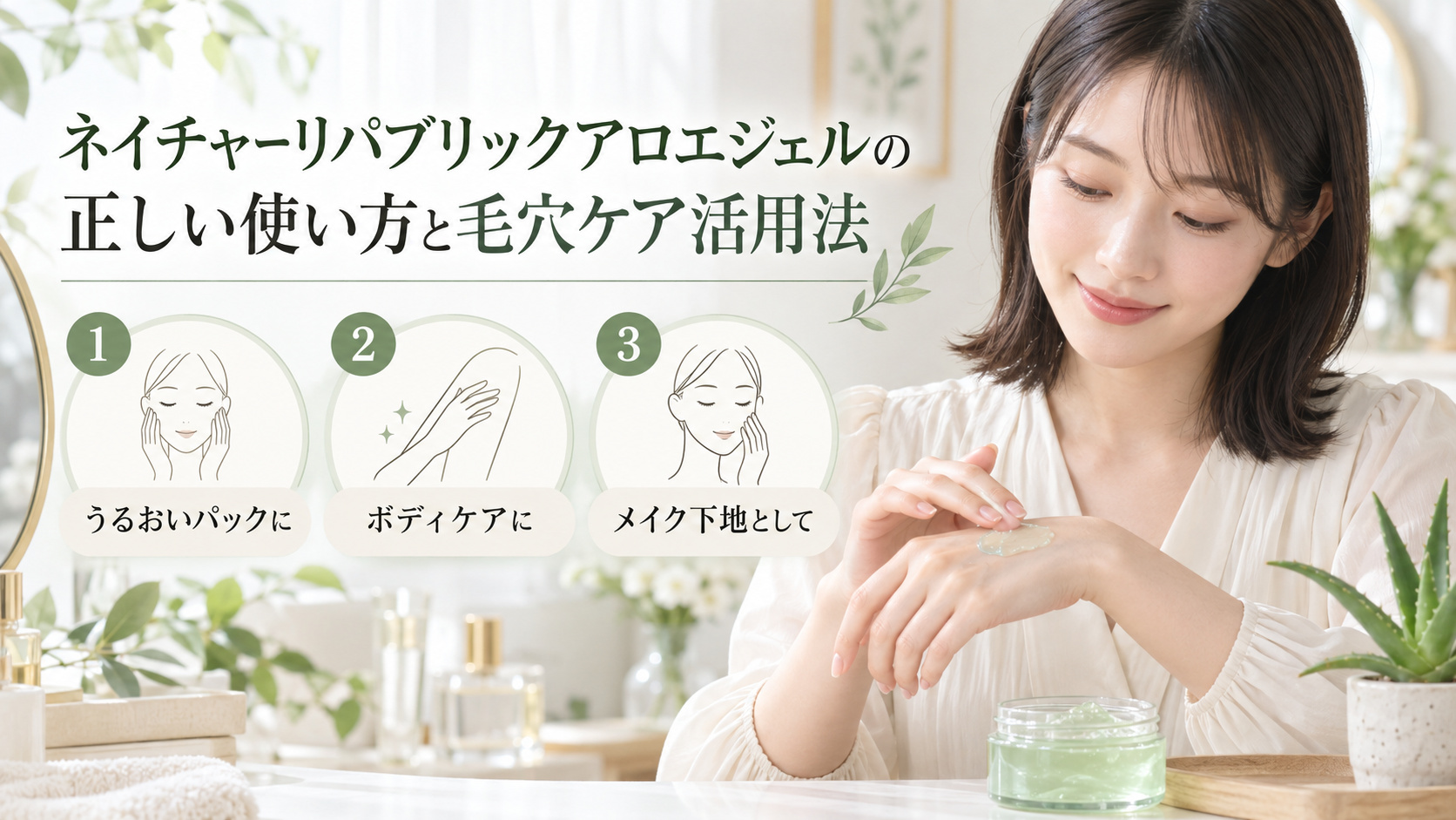 ネイチャーリパブリックのアロエジェルを手に伸ばす清楚な20代日本人女性。うるおいパック、ボディケア、メイク下地としての用途例。