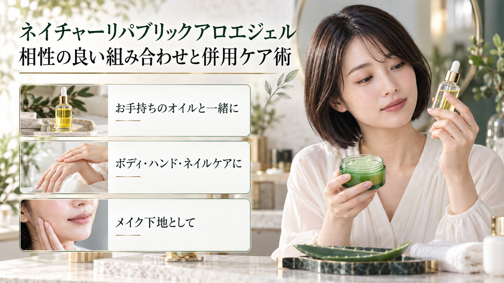 ネイチャーリパブリックのアロエジェルとオイルを確認する清楚な20代日本人女性。ボディ・ハンド・ネイルケアやメイク下地の用途例。