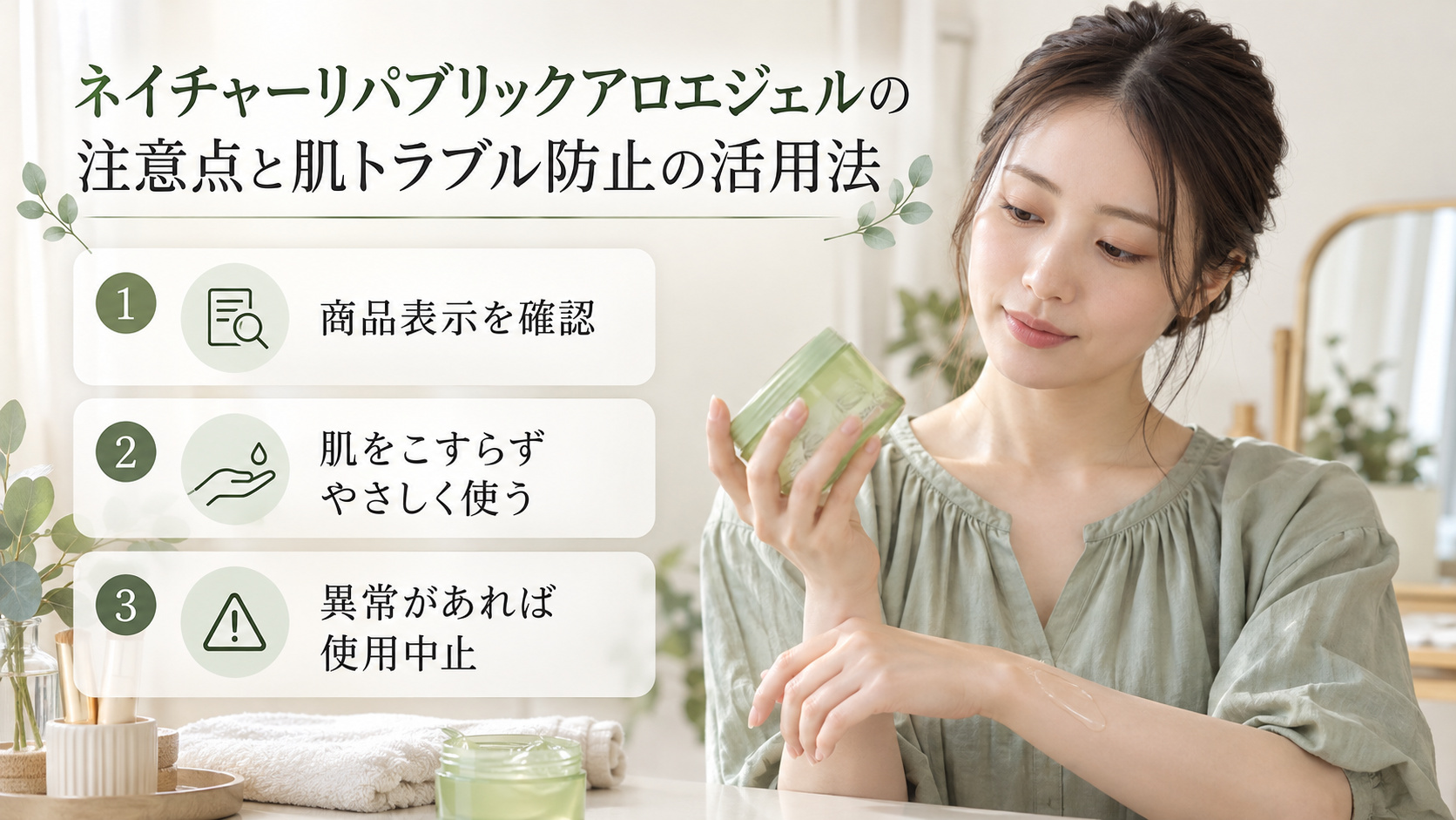 ネイチャーリパブリックのアロエジェルを確認する清楚な20代日本人女性。商品表示を読み、肌をこすらずやさしく使う注意点。