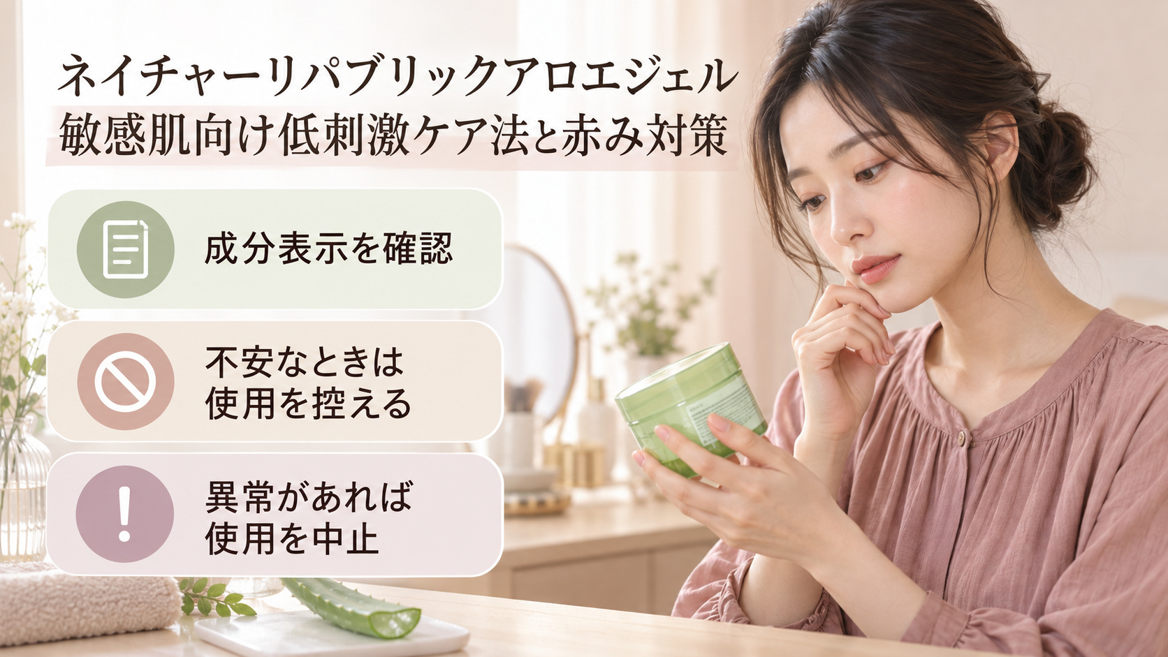 ネイチャーリパブリックのアロエジェルの表示を確認する清楚な20代日本人女性。敏感なときは無理をせず、異常があれば使用を中止する注意点。