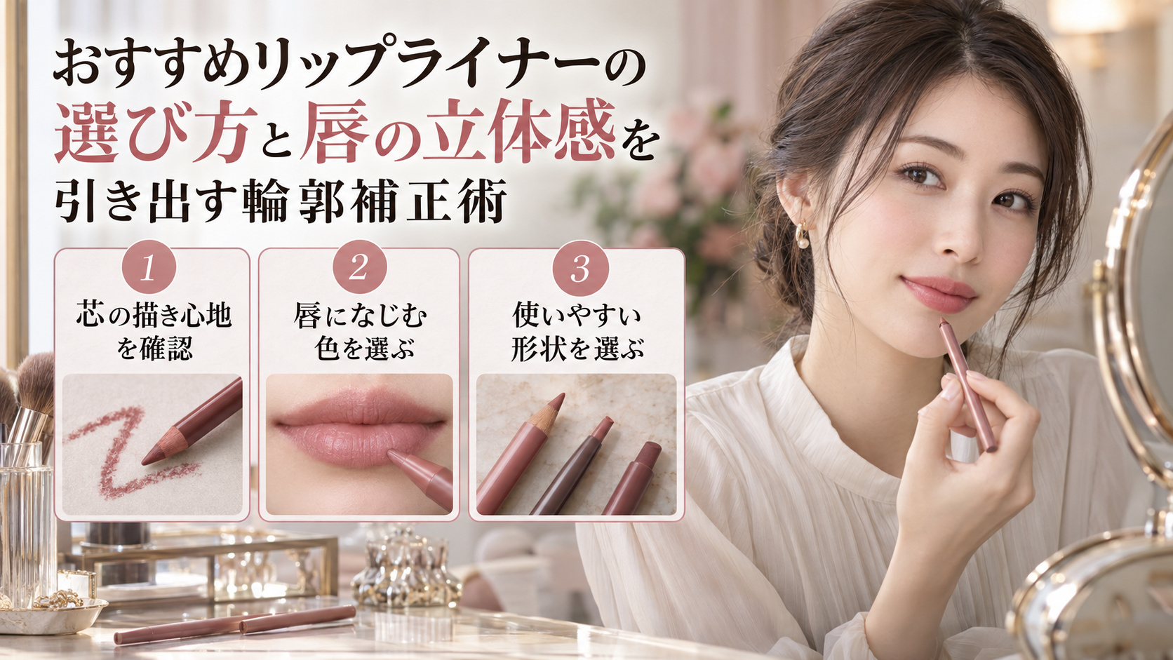 リップライナーを手にする清楚な20代日本人女性。芯の描き心地、唇になじむ色、使いやすい形状を選ぶポイント。