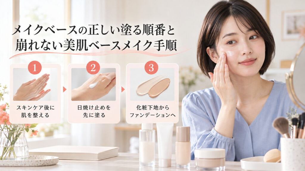 化粧下地を塗る清楚な20代日本人女性。スキンケア後に日焼け止め、化粧下地、ファンデーションへ進む順番。