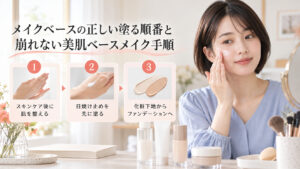 化粧下地を塗る清楚な20代日本人女性。スキンケア後に日焼け止め、化粧下地、ファンデーションへ進む順番。