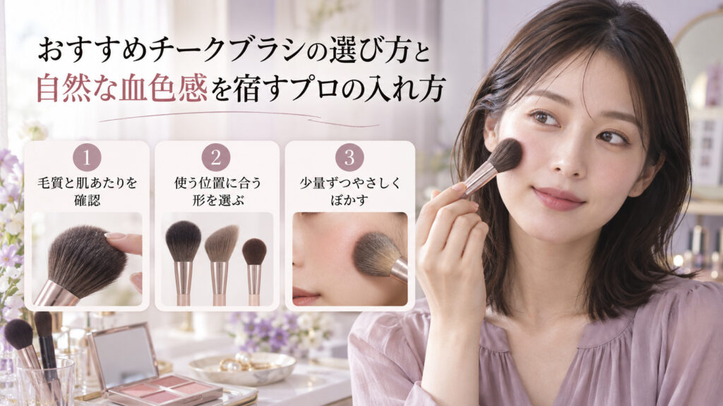 チークブラシで頬に色をのせる清楚な20代日本人女性。毛質や肌あたり、形を選び、少量ずつぼかすポイント。