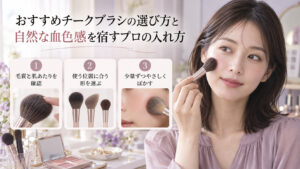 チークブラシで頬に色をのせる清楚な20代日本人女性。毛質や肌あたり、形を選び、少量ずつぼかすポイント。