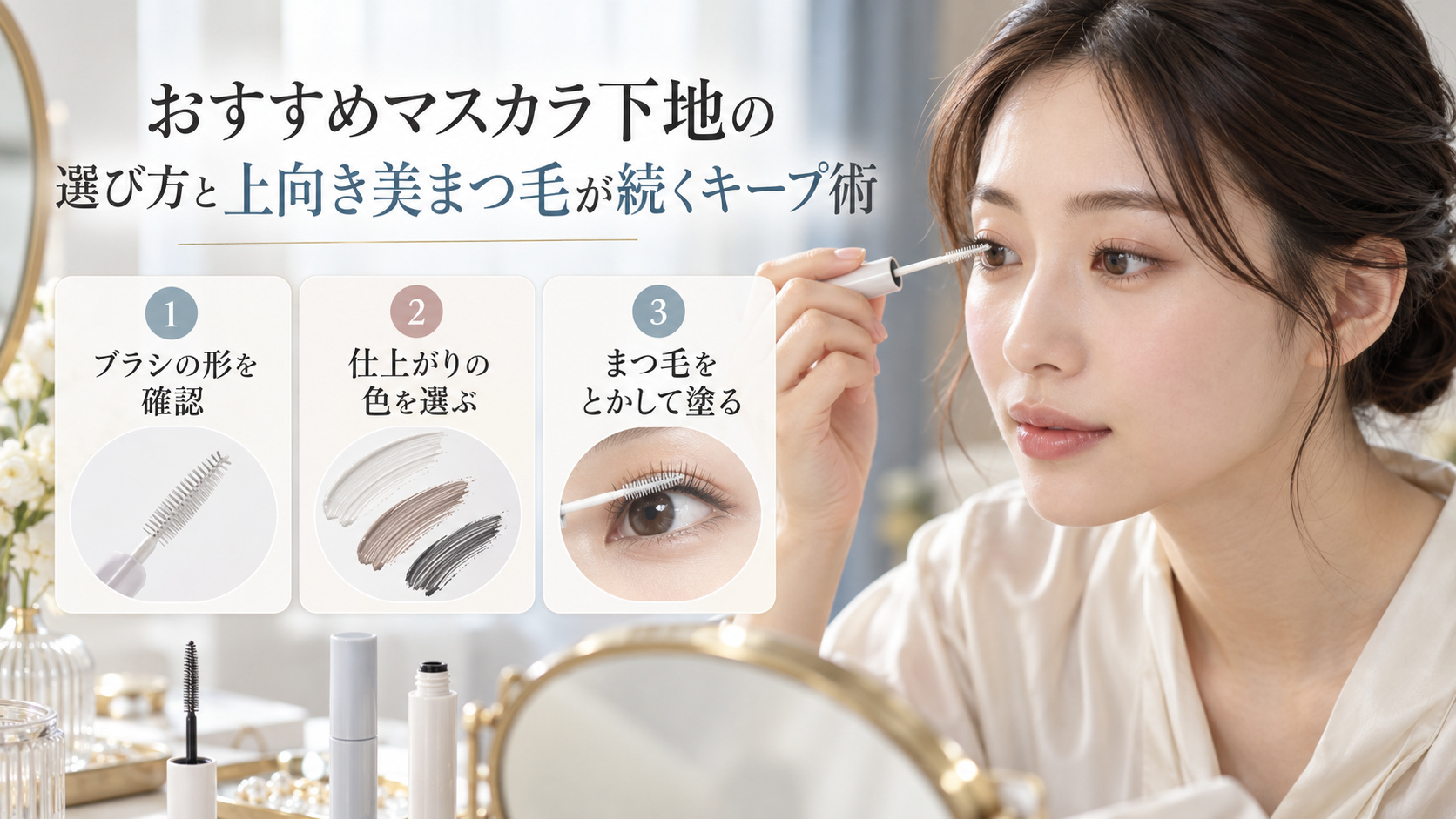 マスカラ下地を塗る清楚な20代日本人女性。ブラシの形や仕上がりの色を選び、まつ毛をとかして塗るポイント。