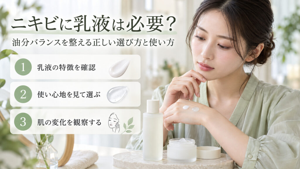 乳液の質感を確認する清楚な20代日本人女性。特徴や使い心地、使用後の肌の変化を確認するポイント。