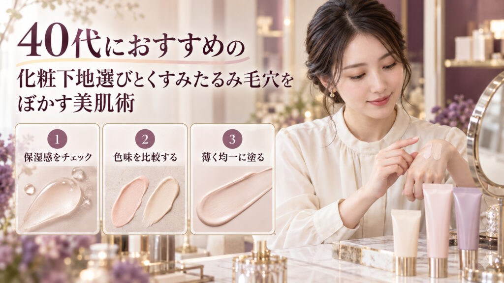 化粧下地の色や質感を比べる清楚な20代日本人女性。保湿感、色味、薄く均一に塗るポイントを紹介。