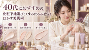 化粧下地の色や質感を比べる清楚な20代日本人女性。保湿感、色味、薄く均一に塗るポイントを紹介。