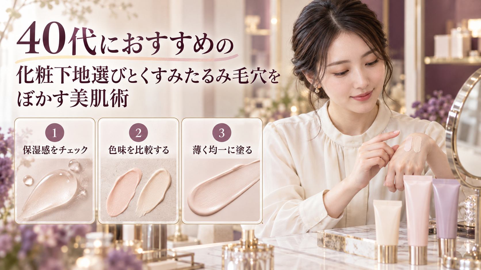 化粧下地の色や質感を比べる清楚な20代日本人女性。保湿感、色味、薄く均一に塗るポイントを紹介。