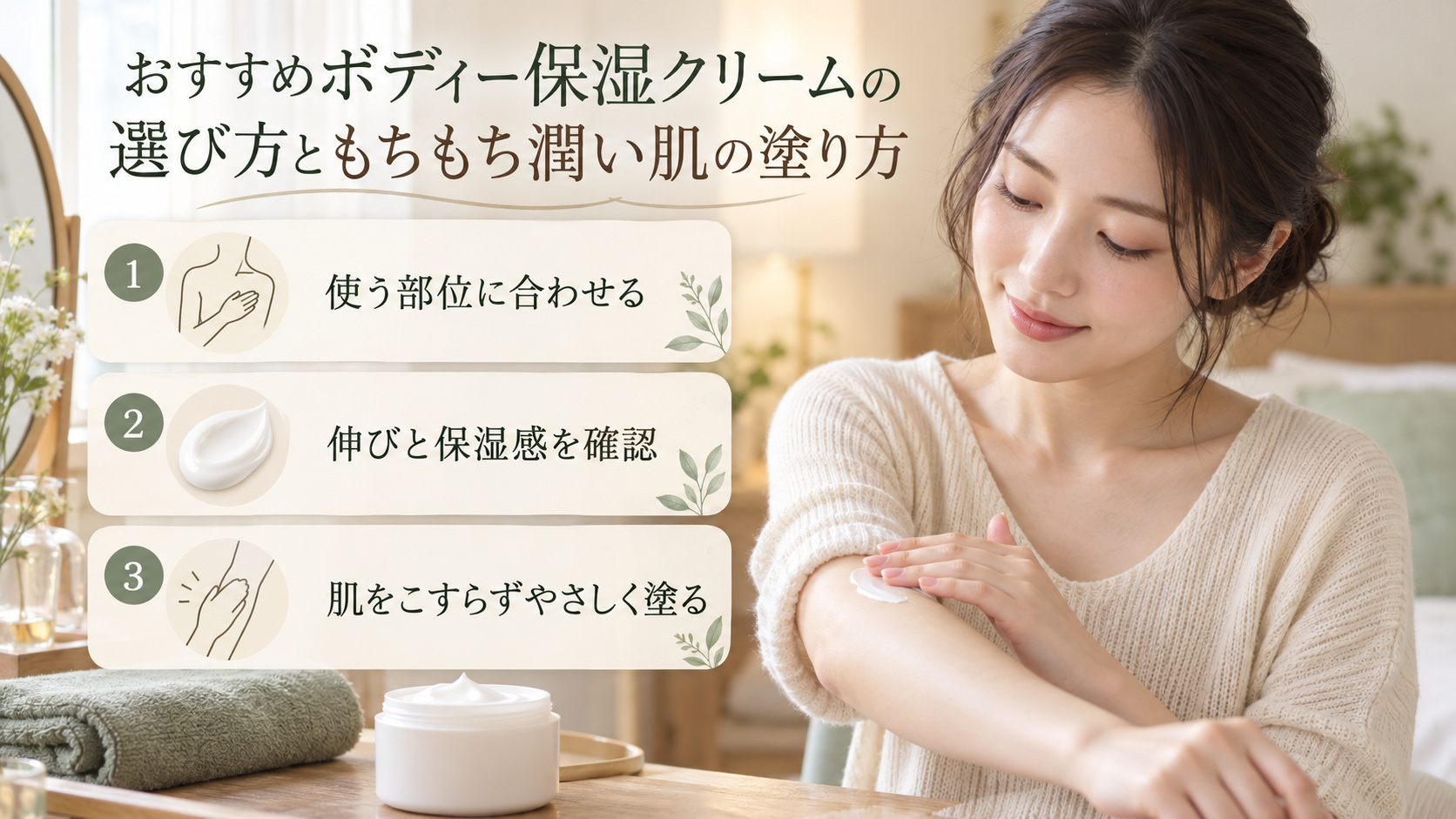 前腕にボディクリームを塗る清楚な20代日本人女性。使う部位やクリームの伸び、肌をこすらない塗り方を確認。