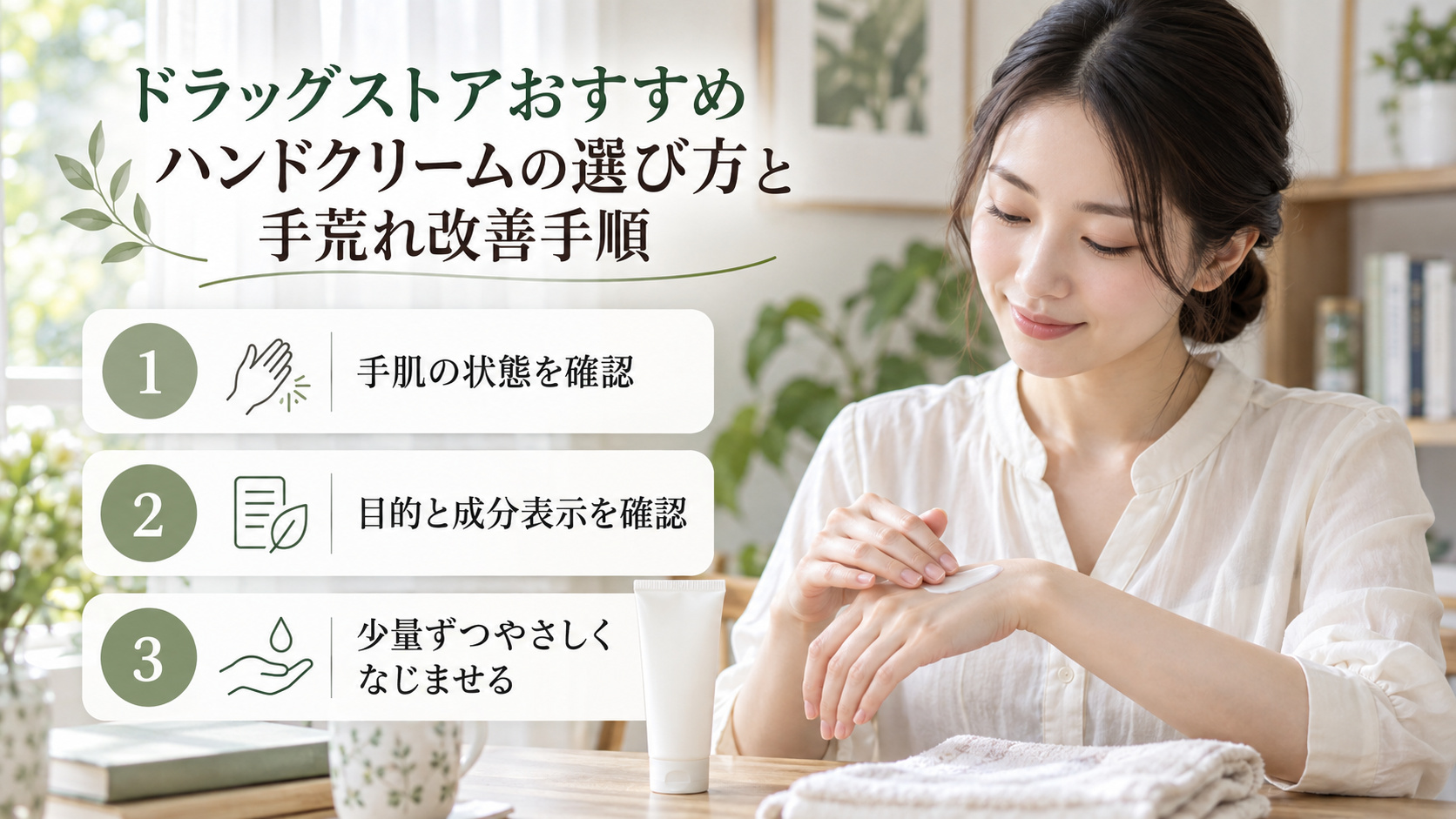 ハンドクリームを手になじませる清楚な20代日本人女性。手肌の状態や目的、成分表示を確認し、少量ずつ塗るポイント。