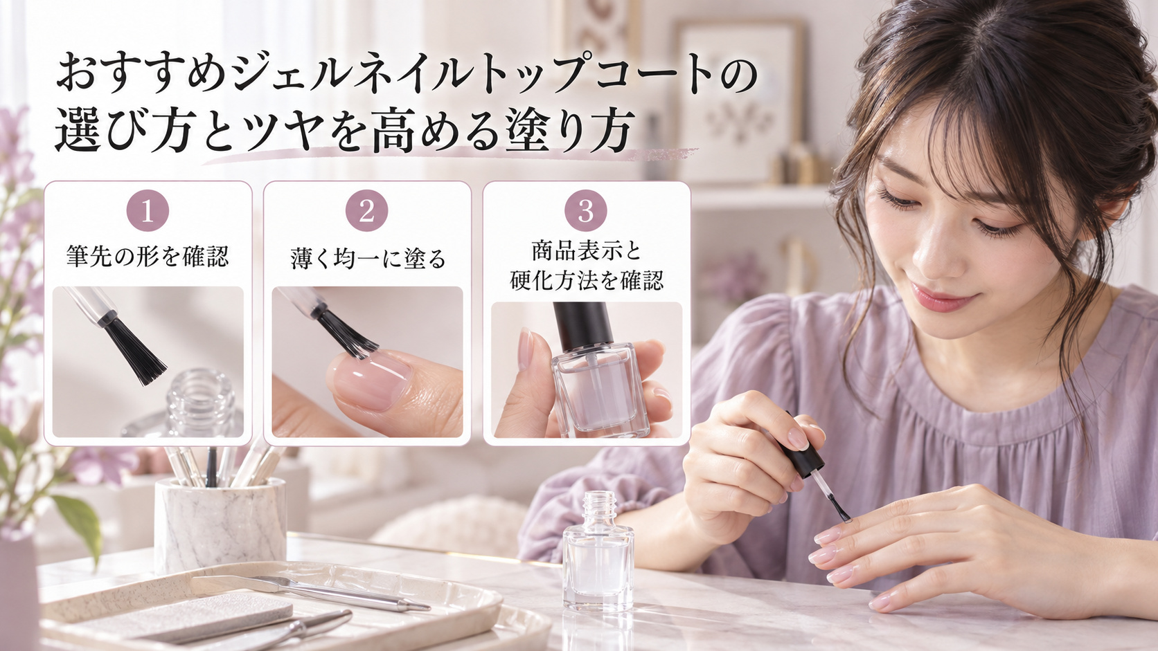 ジェルネイルトップコートを自爪に塗る清楚な20代日本人女性。筆先や薄く塗る方法、商品表示と硬化方法を確認。