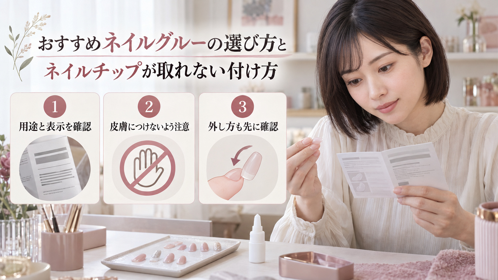 ネイルグルーの説明書を読む清楚な20代日本人女性。用途と表示、皮膚につけない注意、外し方を確認するポイント。