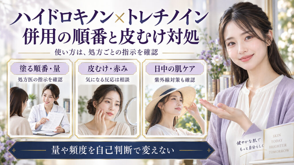ハイドロキノンとトレチノインの併用では処方医に順番や量を確認し、皮むけ・赤みと日中の紫外線対策も相談するアイキャッチ。