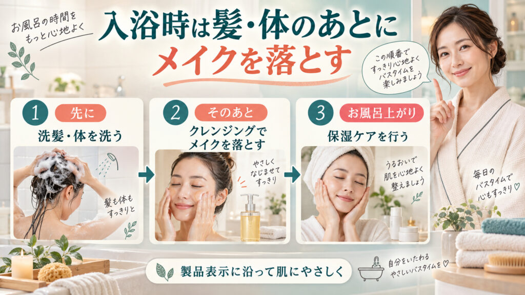 ソフティモ クレンジングオイルの入浴時の順番。先に洗髪と体洗いを済ませ、その後メイクを落とし、入浴後に保湿する3ステップ